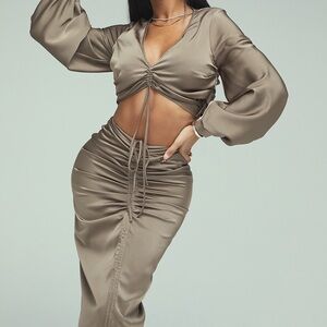 Mistress Rocks - ‘SUNSET’ Olive Satin Gathered Midi Skirt & Top Set